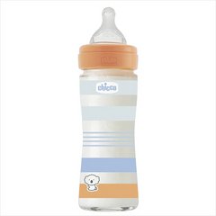 Пляшечка для годування скляна Chicco Well-Being Colors з силіконовою соскою 0м+ 240 мл Блакитна (28721.21)